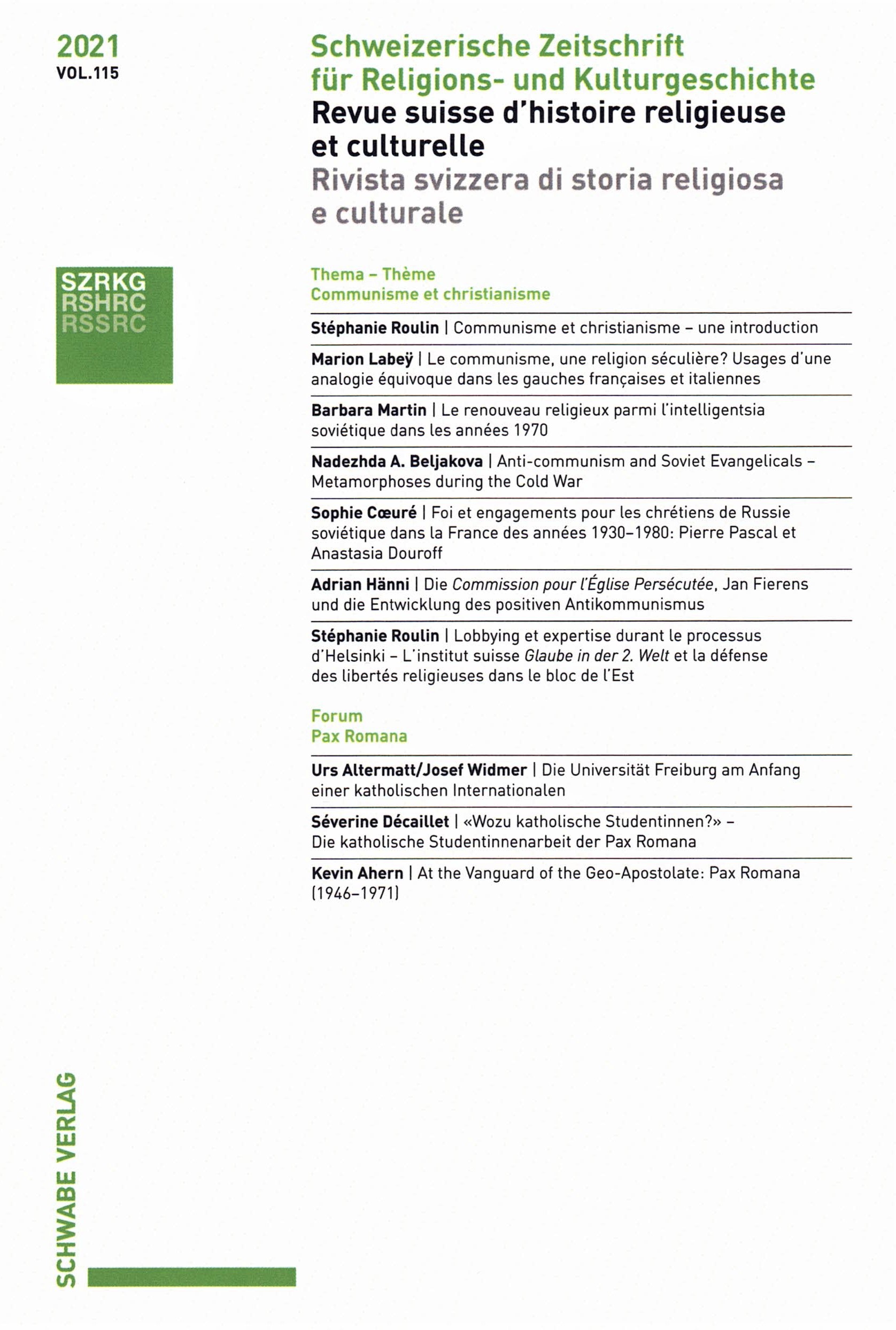 Current issue | Swiss Journal for Religious and Cultural History